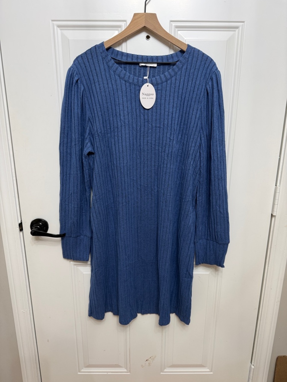 Naggoo Denim Blue Ribbed Long-Sleeve Knit Dress